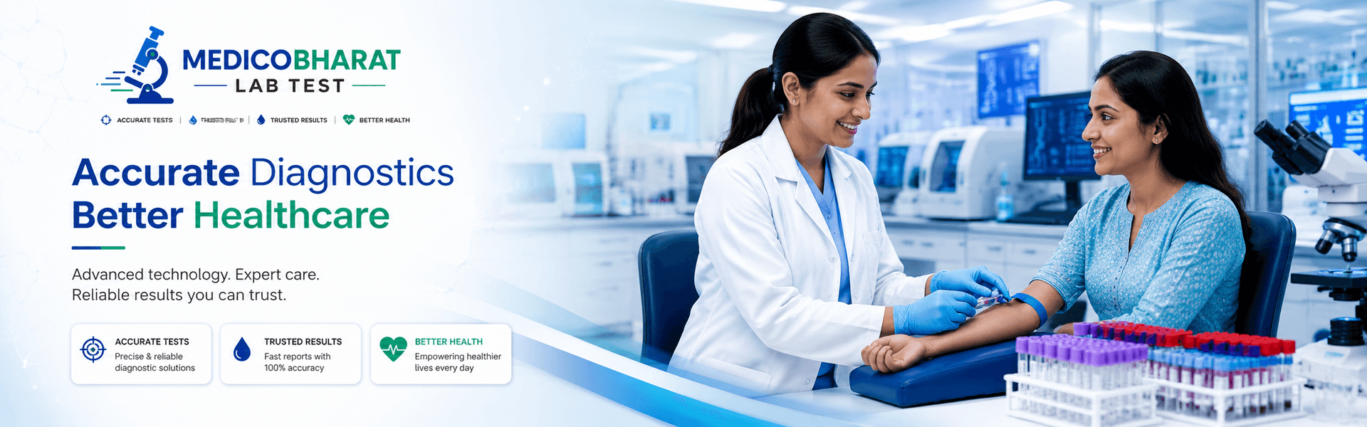 MedicoBharat Lab Test — Accurate Diagnostics, Better Healthcare. Advanced technology, expert care aur reliable results; trained phlebotomist sample leta hua.
