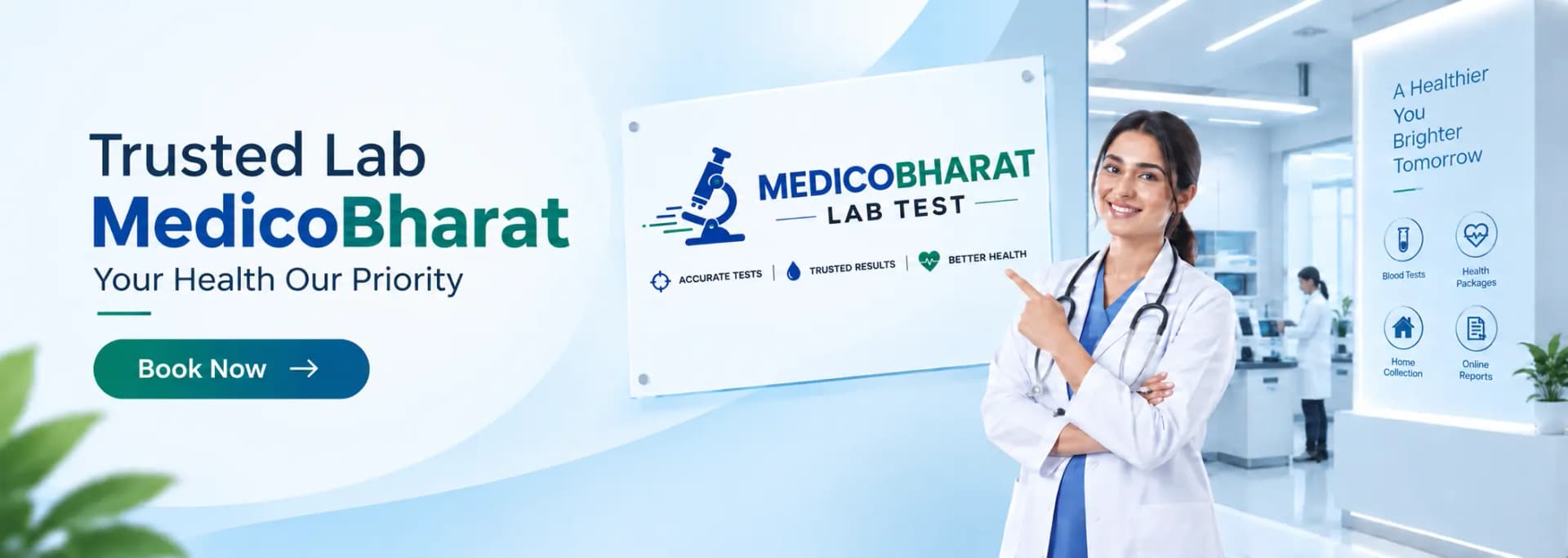 Trusted Lab MedicoBharat — Your Health Our Priority. Accurate tests, trusted results, better health; blood tests, health packages, home collection aur online reports.